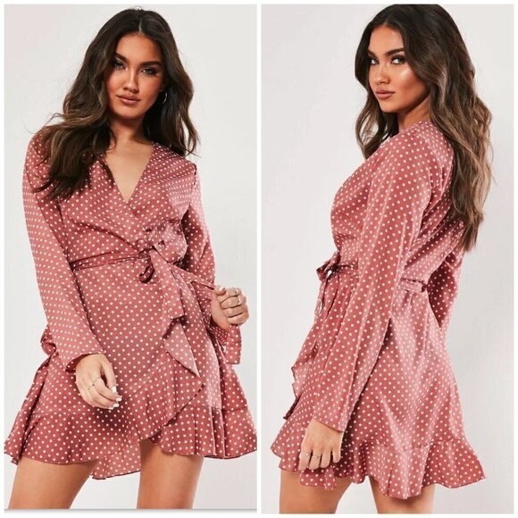NWT Missguided Sz 2 Wrap Front Ruffled Dot Tea Dress Belt Silky Pink Brown xs - Picture 1 of 12